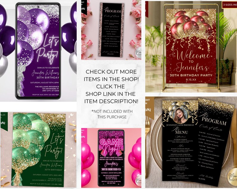 May include: A set of printable 30th birthday party invitations with a gold glitter and balloon theme. The invitations feature different designs with a variety of colours, including purple, green, red, and black. The text on the invitations includes "Let's Party", "Game Night", "Welcome to Jennifer's 30th Birthday Party", and "Jennifer's 30th Birthday Menu".