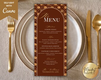 Editable Thanksgiving Dinner Menu Card Template, Printable Elegant Fall Holiday Thanksgiving Feast Menu, Brown Pumpkin, Instant Download