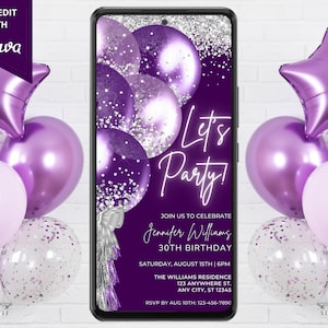 Digital Purple Silver Balloons Birthday Invitation, Electronic Birthday Party Invite, Editable Template, Phone Text Evite, Instant Download