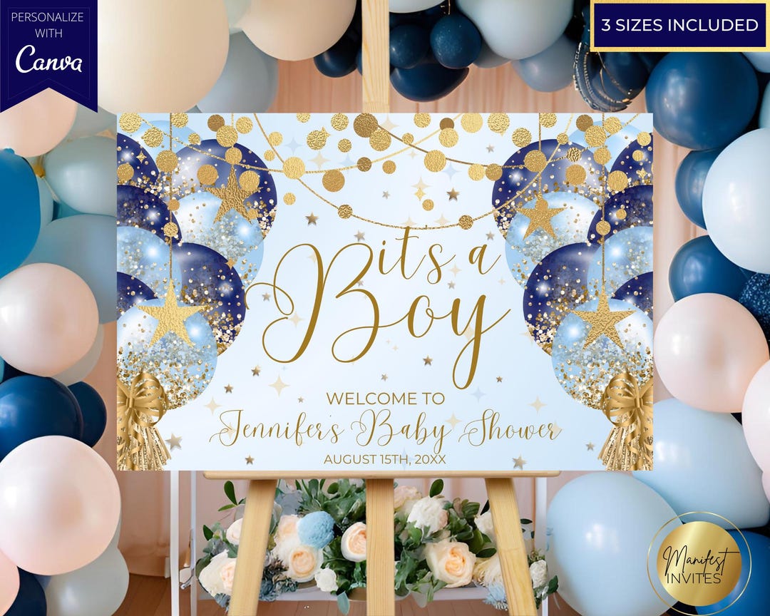 Editable It's a Boy Baby Shower Welcome Sign, Glam Navy Blue Gold ...