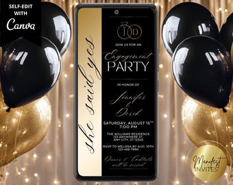 Digital Engagement Dinner Party Invitation, She Said Yes, Elegant Black Gold Engagement Dinner Party Evite, Editable Canva Template, GL45