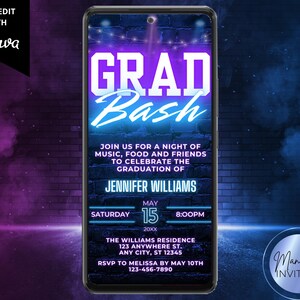 Digital Neon Graduation Bash Party Invitation, Graduation Announcement, Purple Blue Neon, Text Evite, Editable Template, Instant Download