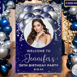 Editable Photo Blue Silver Balloons Party Welcome Sign Template, Graduation, Printable Birthday Decor, Canva Template, Instant Download