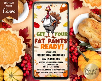 Digital Funny Get Your Fat Pants Ready Thanksgiving Dinner Party Uitnodiging, Dag van Turkije, Telefoon Evite, Bewerkbare Sjabloon, Instant Download