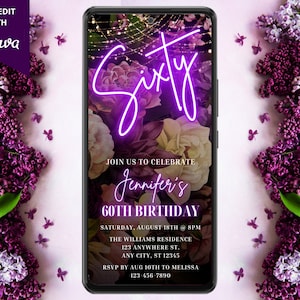 Electronic Sixty 60th Birthday Neon Purple Floral Party Invitation, Digital Phone Text Email Evite, Editable Template, Instant Download