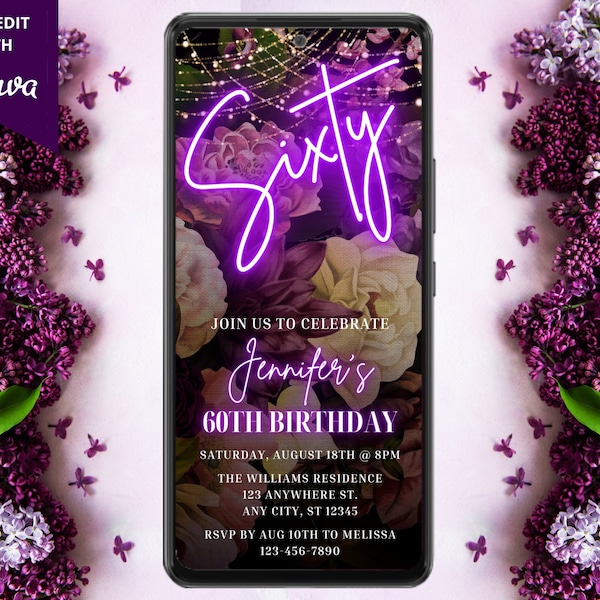 Electronic Sixty 60th Birthday Neon Purple Floral Party Invitation, Digital Phone Text Email Evite, Editable Template, Instant Download