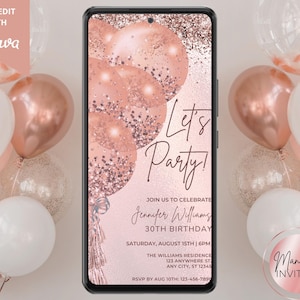 Digital Let&#39;s Party Rose Gold Glitter Balloons Birthday Party Invitation, Electronic Phone Text Evite, Editable Template, Instant Download