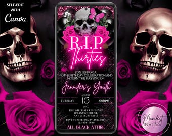 Digital RIP Thirties 40th Birthday Gothic Glitter Pink Roses Skull Party Invitation, Phone Text Evite, Editable Template, Instant Download