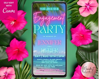 May include: A digital invitation for an engagement party with a tropical beach background. The invitation is for Jennifer and Derek and is set for August 15th at 2pm. The text "Please join us for an Engagement Party" is in neon pink and blue lettering. The text "RSVP by Aug 10th to Melissa 123-456-7890" is in black lettering.
