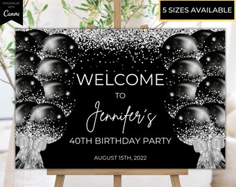 Signe de bienvenue d'anniversaire de ballons argentés noirs modifiables, signe d'anniversaire imprimable, affiche d'anniversaire, décor, modèle modifiable, téléchargement immédiat
