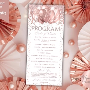 Pode incluir: Um programa de eventos em ouro rosa com o texto "PROGRAM" e "Order of Events". O programa inclui um cronograma, gráficos de balões e o texto "Manifest Invites". O fundo apresenta leques de papel e esferas decorativas.