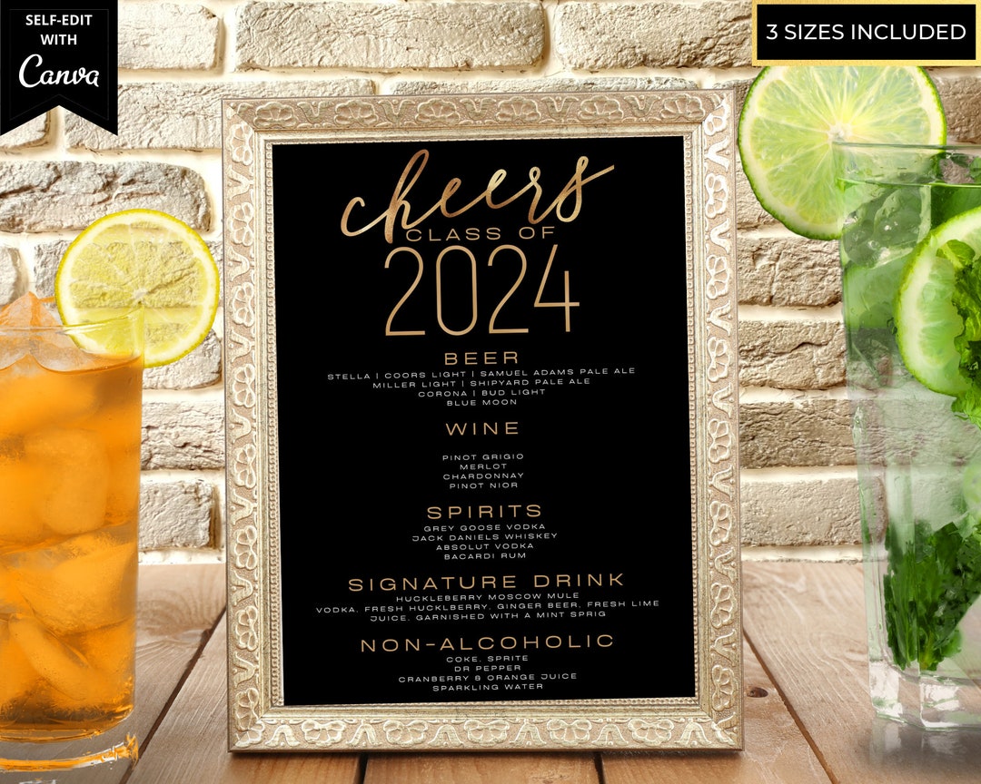 Editable Graduation Party Black Gold Bar Menu, Printable Signature