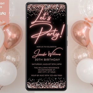 Digital Let's Party Neon Rose Gold Glitter Birthday Party Invitation, Electronic Phone Text Email Evite, Editable Template, Instant Download