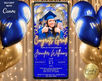 Invitación con foto digital para fiesta de graduación, globos dorados azul real, felicitaciones al graduado, mensaje de texto telefónico de Evite, plantilla editable, descarga instantánea
