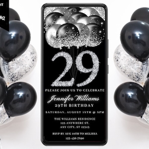 Digital 29th Birthday Black Silver Invitation, Electronic Text Message Evite, Diamond Glitter Balloons, Self-Edit Template, Instant Download