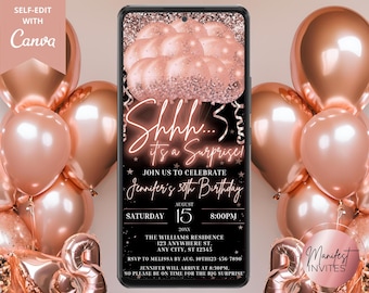 Digital Shhh It&#39;s a Surprise Rose Gold Glitter Balloons Birthday Party Invitation, Phone Text Evite, Editable Template, Instant Download