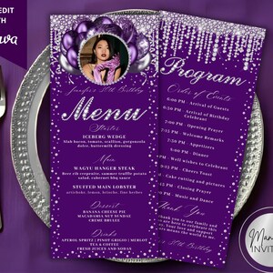 Puede incluir: Un conjunto de tarjetas de menú y programa de cumpleaños moradas con detalles plateados. El menú presenta una foto de una mujer y una lista de platos. El programa enumera el orden de los eventos. El texto "Self-Edit with Canva" está en la esquina superior izquierda.