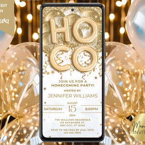Digital Homecoming Celebration Party White Gold Balloons Invitation, After Party, Phone Text Evite, Editable Template, Instant Download
