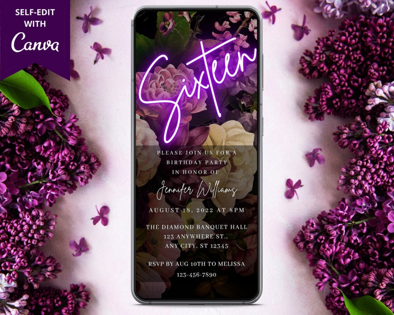 Digital 16th Sixteen Purple Neon Floral Birthday Party Invitation Electronic Phone Text Email Evite Editable Template Instant