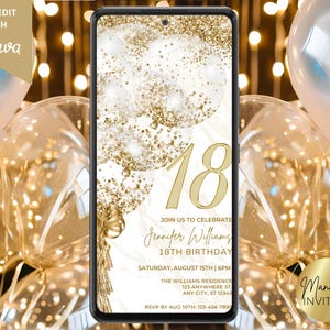 Digital 18th Birthday White Gold Balloon Party Invitation, Elegant Modern, Electronic Phone Evite, Editable Template, Instant Download, WG35