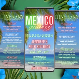 Digital Mexico Getaway Tropical Birthday Invitation, 7 Day Travel Itinerary, Phone Text Evite, Editable Template, Instant Download, TB12