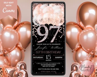 Convite digital elegante para festa de aniversário de 97 anos, balões luxuosos em tons de rosa e dourado com detalhes em diamante, jantar de aniversário feminino, modelo para Canva, RGB3
