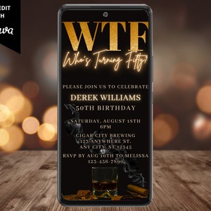 Digitale mannen WTF vijftig 50e verjaardag partij whisky sigaar uitnodiging, elektronische telefoon tekst Evite, bewerkbare sjabloon, Instant Download, WM42