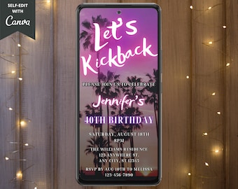 Digital Lets Kickback Birthday Party Invitation, Electronic Phone Text Evite, Backyard, Sunset, Bonfire, Editable Template, Instant Download