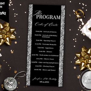 Bearbeitbare Schwarz Silber Glitter Geburtstag Event Programm Kartenvorlage, Geburtstag Dinner Party Reiseplan, Tischprogramm, Sofort Download