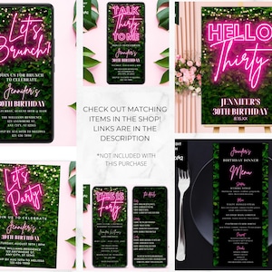 May include: A set of printable invitations for a 30th birthday party. The invitations feature a green foliage background with pink neon text that says "Let's Brunch!" and "Let's Party!"  The invitations also include the text "Join us to celebrate Jennifer's 30th Birthday".