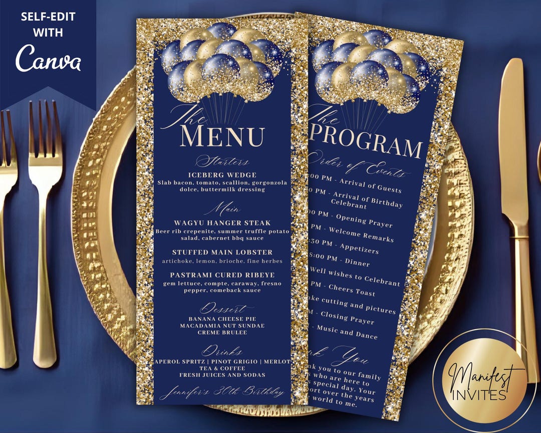 Grad Balloon Menu Editable Glam Blue Gold Glitter Balloons Menu Program and Thank You ...