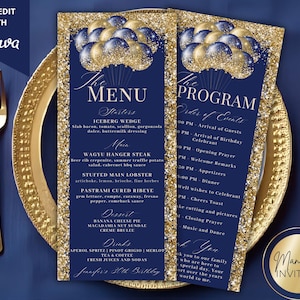 Op de afbeelding: Marineblauwe en gouden evenementenmenu- en programmakaarten met een gouden glitterrand en ballongrafiek. Het menu bevat voorgerechten, hoofdgerechten, desserts en drankjes. Het programma geeft de volgorde van de evenementen weer.