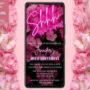 Invitación a fiesta de cumpleaños sorpresa Shhh digital, texto de teléfono electrónico Evite, floral de neón rosa, plantilla editable, descarga instantánea PF01