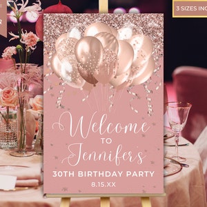 Letrero de bienvenida con globos de purpurina rosa y dorado para imprimir, tablero de bienvenida para fiestas, decoración para fiestas, letrero de entrada, plantilla editable, descarga instantánea