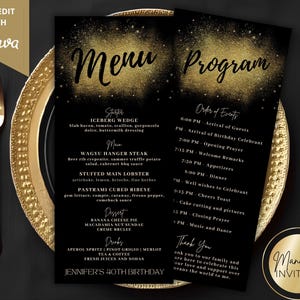 Puede incluir: Dos tarjetas rectangulares verticales con fondo negro y detalles de purpurina dorada en la parte superior. La tarjeta izquierda se titula Menu y la derecha Program, ambas con texto blanco que detalla platos y horarios de eventos.