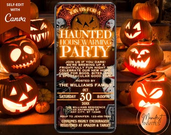 Puede incluir: Una invitación de Halloween en la pantalla de un smartphone, rodeada de calabazas talladas con caras brillantes. La invitación dice "Haunted Housewarming Party" con detalles del evento. El texto "Self-Edit with Canva" está en la esquina superior izquierda.