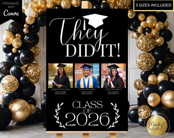Editable Triple Graduation Party Photo Welcome Sign, They Did It, 3 Person Graduation, Modern Black White Decor, Printable Canva Template
