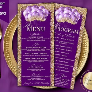 Op de afbeelding: Paarse en gouden feestmenu- en programmakaarten met een ballonnenontwerp. Het menu bevat voorgerechten, hoofdgerechten, desserts en drankjes. Het programma schetst de volgorde van de evenementen. De tekst "Self-Edit with Canva" staat linksboven.