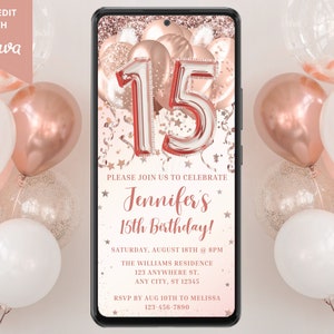 Invitación digital a la fiesta de globos de oro rosa rosa del 15 cumpleaños, texto electrónico del teléfono Evite, plantilla editable, descarga instantánea, RGBN2