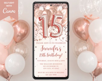 Invitación digital a la fiesta de globos de oro rosa rosa del 15 cumpleaños, texto electrónico del teléfono Evite, plantilla editable, descarga instantánea, RGBN2