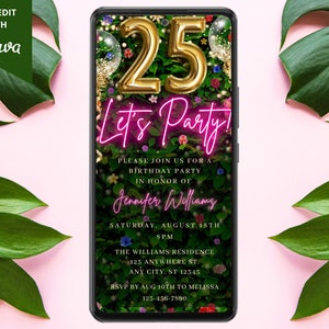 Digital 25th Birthday Party Invitation, Electronic Mobile Phone Text Message Evite, Floral Greenery, Editable Template, Instant Download