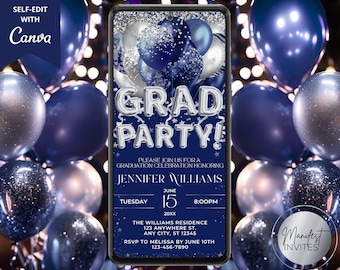 Digital Graduation Party Invitation, Navy Blue Silver Balloons, Grad Announcement, Phone Text Evite, Editable Template, Instant Download