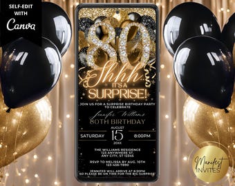Digital 80th Birthday Surprise Party Invitation, Shhh It's a Surprise, Glam Diamond Black Gold Balloons, Editable Canva Template, GH78