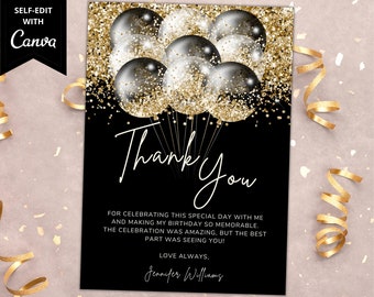 Editable Thank You Birthday Card, Printable Thank You Note, Thank You Message, Black Gold Balloons, Editable Template, Instant Download