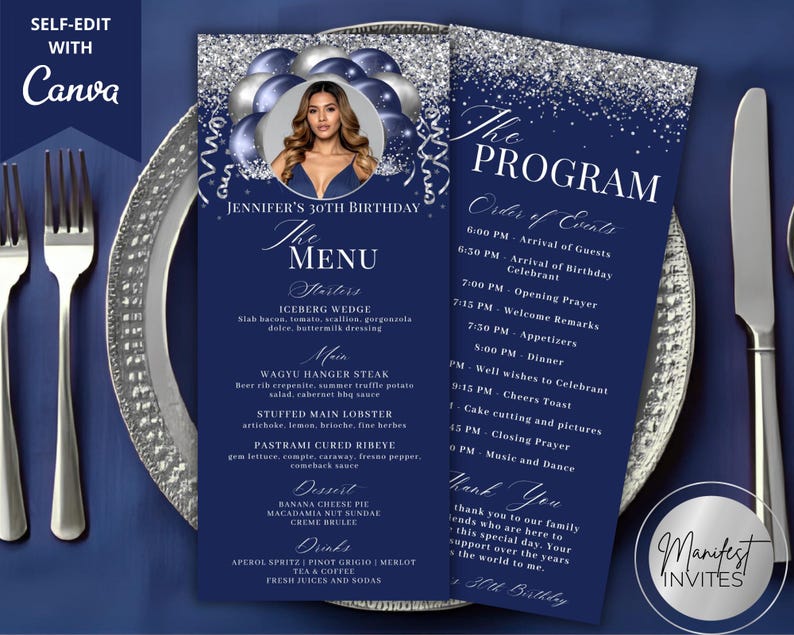 Editable Glam Navy Blue Silver Glitter Balloons Menu Program and Thank ...