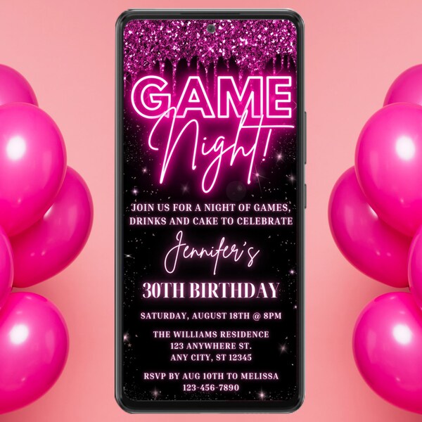 Digital Game Night Birthday Party Invitation, Electronic Phone Text Evite, Neon Pink Glitter Drip, Editable Template, Instant Download, PGD7