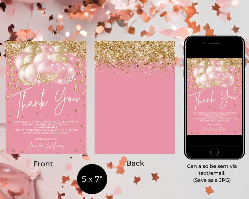 Editable Pink Gold Glitter Balloons Glam Thank You Card Template ...