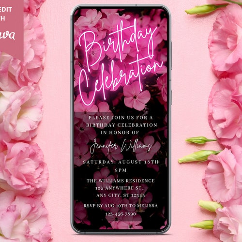 Digital Blush Pink Floral Birthday Party Invitation Etsy