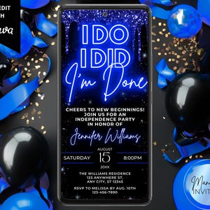 Digital I Do I Did I&#39;m Done Divorce Party Invitation, Girls Night, Neon Blue Glitter Drip, Phone Evite, Editable Template, Instant Download