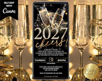 May include: A digital New Year's Eve invitation template displayed on a smartphone screen. The design features two champagne flutes, the text 2027, cheers, and event details including Thursday, December 31, 8:00PM, and a placeholder address.